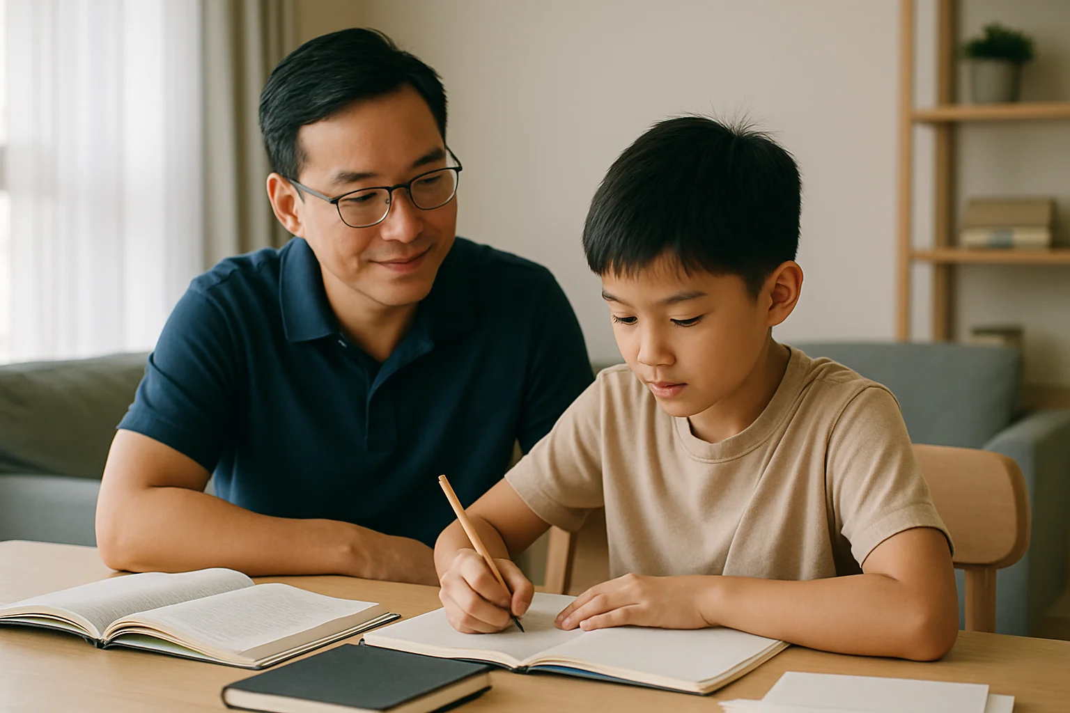 Parent helping a child through homework stress at home