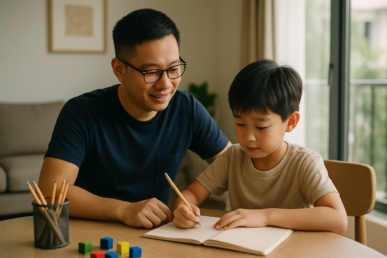 Child focusing on homework at a calm study table