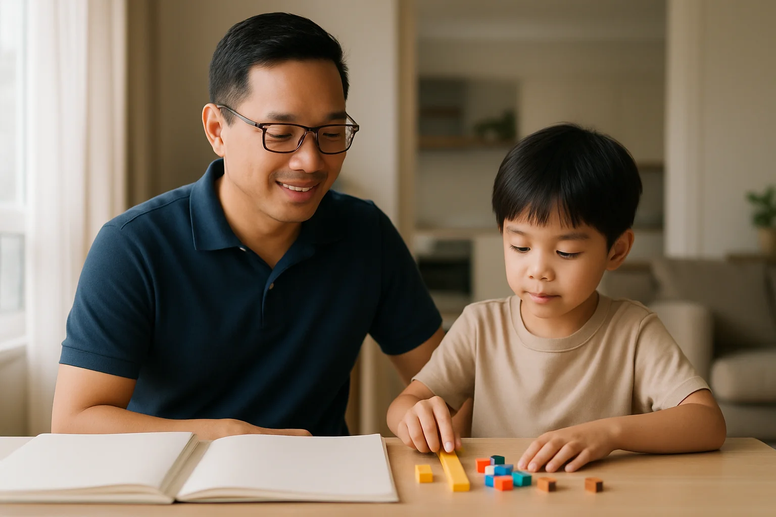 Child moving while doing homework at a table