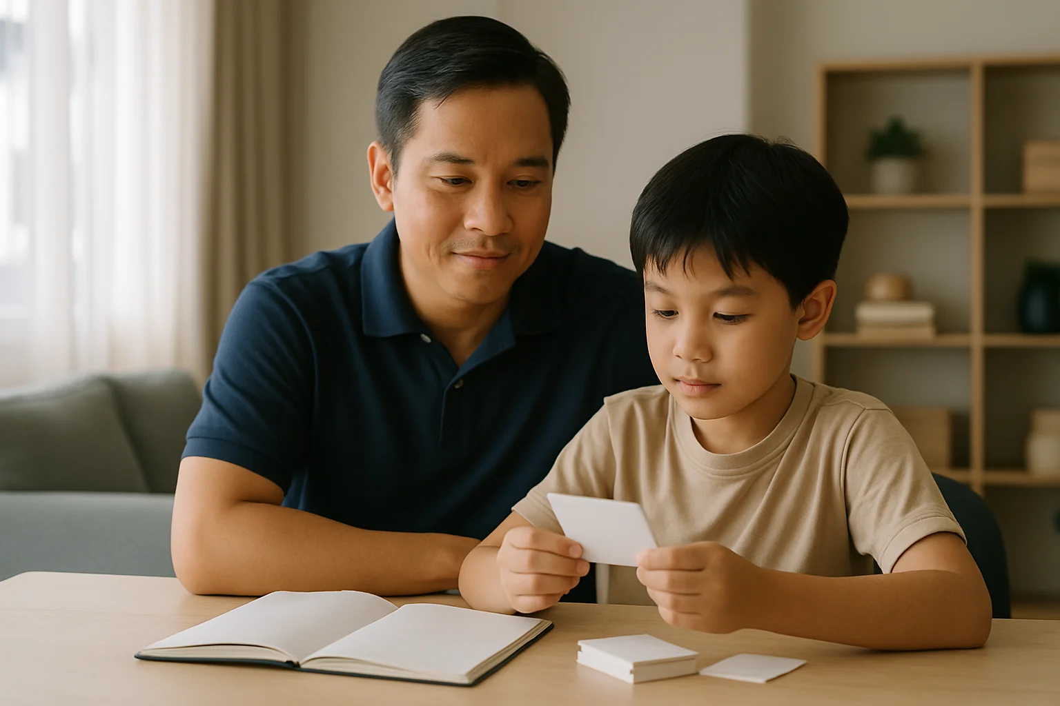 Child practising spelling words with memory cards at a table